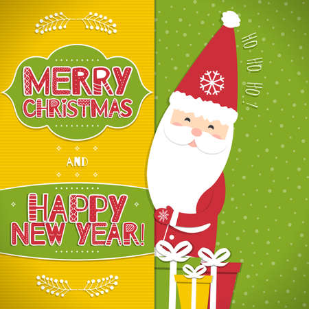 This is a bright congratulatory Christmas background 

with Santa Claus. Inscriptions Merry Christmas and 

Happy New Year with the letters in the Scandinavian 

style. Ho-Ho-Ho. Vector illustration.のイラスト素材