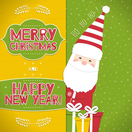 This is a bright congratulatory Christmas background with Santa Claus. Inscriptions Merry Christmas and Happy New Year with the letters in the Scandinavian style. Ho-Ho-Ho. Vector illustration.のイラスト素材