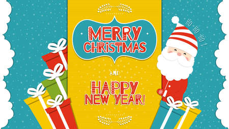 This is a bright congratulatory Christmas background with Santa Claus. Inscriptions Merry Christmas and Happy New Year with the letters in the Scandinavian style. Ho-Ho-Ho. Vector illustration.のイラスト素材