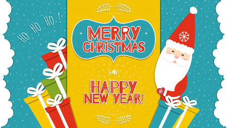 This is a bright congratulatory Christmas background with Santa Claus. Inscriptions Merry Christmas and Happy New Year with the letters in the Scandinavian style. Ho-Ho-Ho. Vector illustration.のイラスト素材