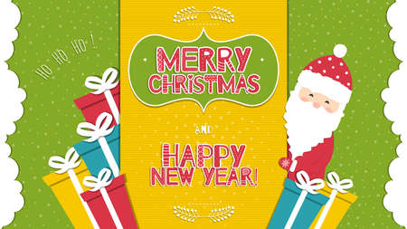 This is a bright congratulatory Christmas background with Santa Claus. Inscriptions Merry Christmas and Happy New Year with the letters in the Scandinavian style. Ho-Ho-Ho. Vector illustration.のイラスト素材