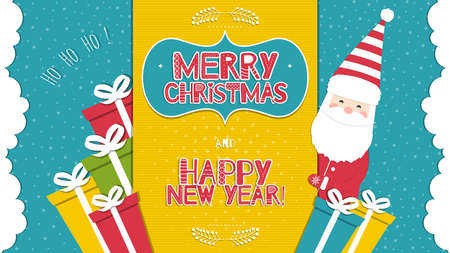 This is a bright congratulatory Christmas background with Santa Claus. Inscriptions Merry Christmas and Happy New Year with the letters in the Scandinavian style. Ho-Ho-Ho. Vector illustration.のイラスト素材