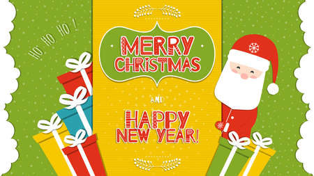 This is a bright congratulatory Christmas background with Santa Claus. Inscriptions Merry Christmas and Happy New Year with the letters in the Scandinavian style. Ho-Ho-Ho. Vector illustration.のイラスト素材