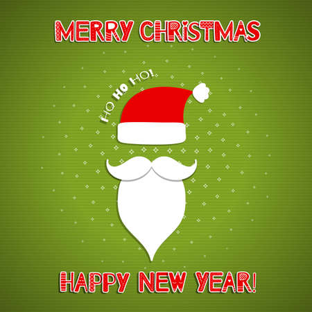 Christmas background with Santa Claus beard, mustache 

and hat. iA inscriptions Merry Christmas and Happy New 

Year! Ho-Ho-Ho! Vector illustration.のイラスト素材