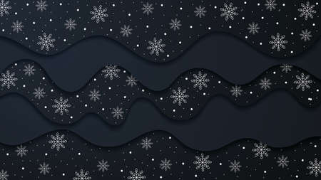 Christmas black background with waves and snowflake. 3D 

paper effect. Vector illustration.のイラスト素材