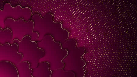 Abstract bright background with waves layers and halfton gold pattern. Realistic 3d cut paper effect. Vector illustration.のイラスト素材