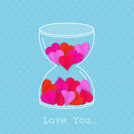 Bright holiday card for Valentine s Day. Hand drawing 

hourglass with paper hearts. Vector illustration.のイラスト素材