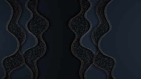 Abstract bright background with waves layers and halfton gold pattern. Realistic 3d cut paper...