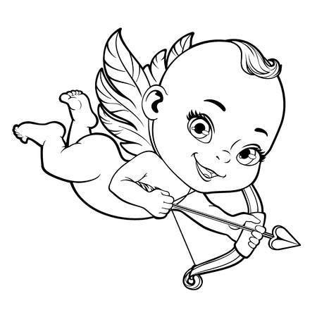 Black and white vector illustration with Baby Cupid shooting a bowのイラスト素材