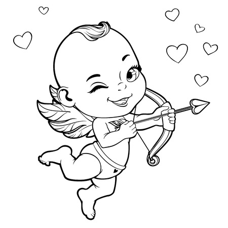Black and white vector illustration with Baby Cupid shooting a bowのイラスト素材