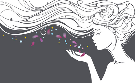 Vector illustration with beautiful  long hair girl blows away flower petals from her palmのイラスト素材