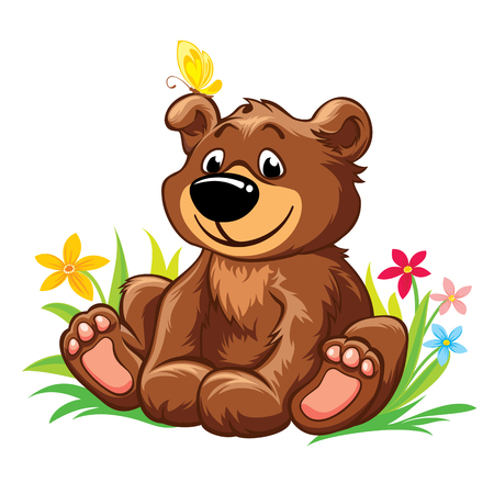 Vector illustration with lovely teddy bear sitting on grass, with yellow butterfly on his earのイラスト素材