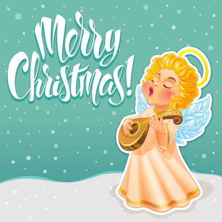 Merry Christmas greeting card with cute angel playing the lute.の写真素材