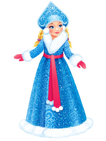 Beautiful Snow Maiden in a blue winter dress with a red scarf.の写真素材