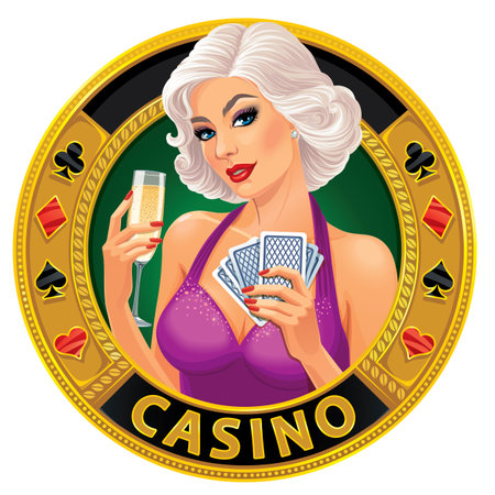 Illustration of a casino woman with a glass of champagne and playing cardsの写真素材