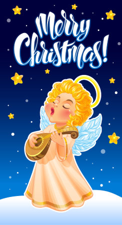 Christmas card with angel playing the harp and stars on blue backgroundの写真素材