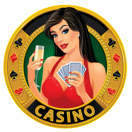 Girl with glass of champagne and playing cards.の写真素材