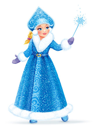 Beautiful Snow Maiden with magic wand in her hand.  Beautiful girl wearing long blue coat with white fur.の写真素材