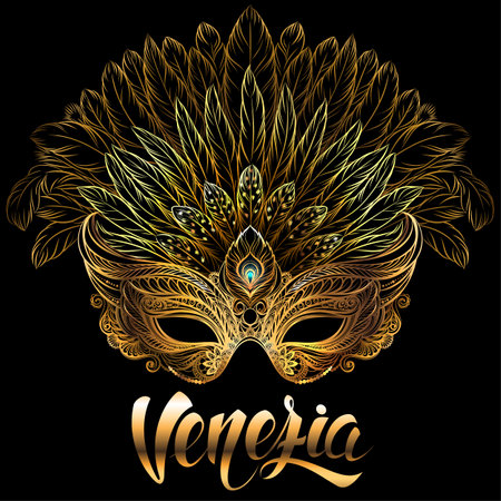 Venetian carnival mask with feathers on a black background. Concept design with hand drawn lettering for t-shirt print, poster, greeting card, party invitation, banner or flyer.の写真素材