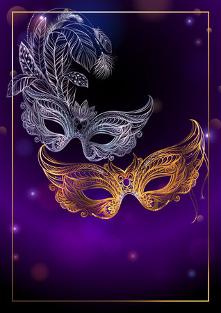 Mardi gras background with mask and feathers. Concept design for poster, greeting card, party invitation, banner or flyer.の写真素材