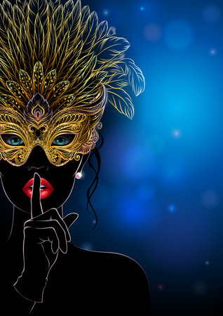 Illustration of a beautiful woman in carnival mask on blue background. Concept design for greeting card, invitation, banner or flyer.の写真素材