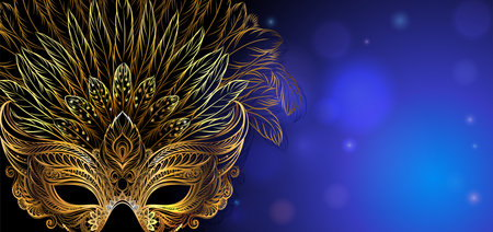 Mardi gras background with golden mask and feathers.Beautiful concept design for greeting card, party invitation, banner or flyer.の写真素材