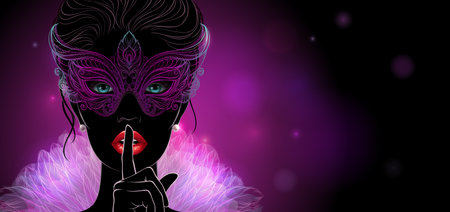 Illustration of a beautiful woman in carnival mask on black background. Beautiful concept design for greeting card, party invitation, banner or flyer.の写真素材