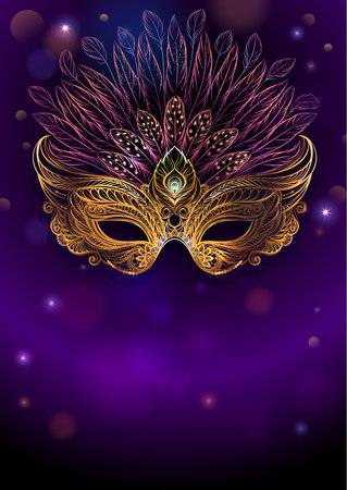 Mardi Gras carnival mask with feathers. Beautiful concept design for poster, greeting card, party invitation, banner or flyer.の写真素材