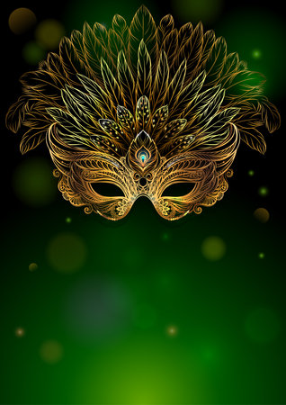 Carnival mask with gold feathers on green background. Beautiful concept design for poster, greeting card, party invitation, banner or flyer.の写真素材