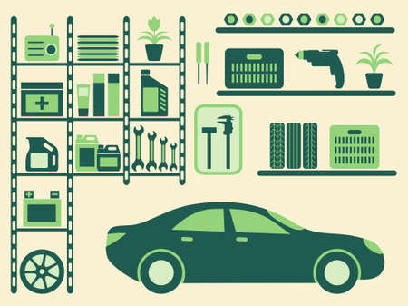 Garage interior and objects silhouettes set. illustration.のイラスト素材