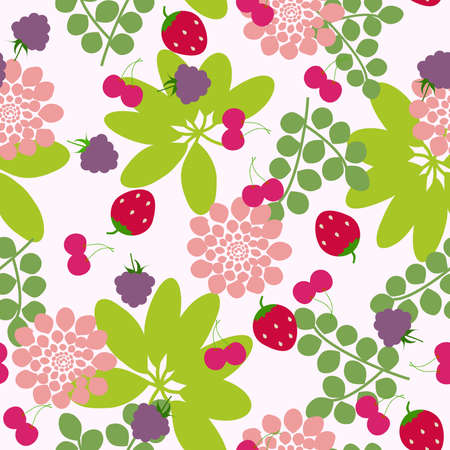 Seamless flowers and berry background. Vector illustration.のイラスト素材