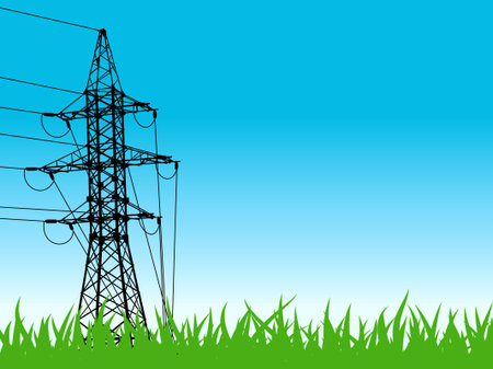 High-voltage tower silhouette on field backgroundのイラスト素材