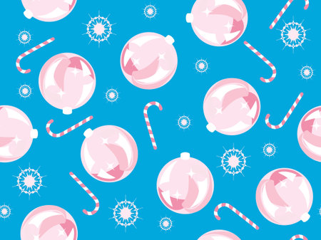 Seamless celebration background with New Years balls, sweets and snowflakes. 