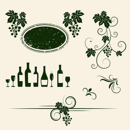 Grape vines, wineglasses and decorative elements setのイラスト素材