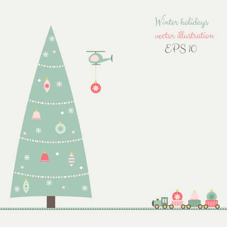 Christmas tree decoration card with train and helicopter toys. Vector illustration.のイラスト素材