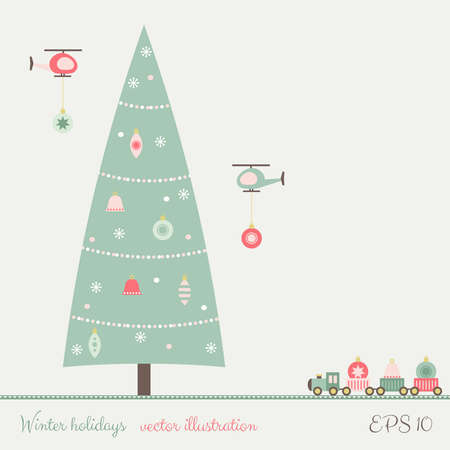 Christmas Tree Decoration Card With Train And Helicopter Toys