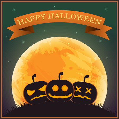 Poster Halloween Day , silhouette pumpkin lantern on grass under moon and star on night sky , vector illustration , banner textのイラスト素材