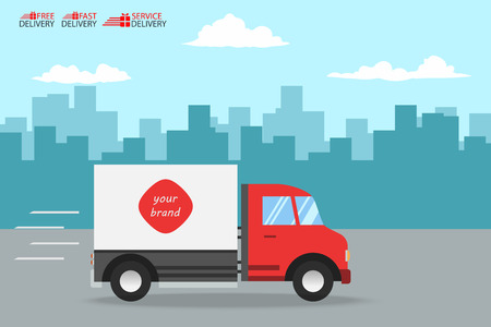 Delivery Truck Service, Order Worldwide Shipping, Fast and Free Transport, food express, vector illustration cartoonのイラスト素材