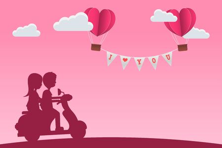 Cute Character Cartoon Silhouette and Paper Style love of valentine day , balloon flying over couple with heart float on the sky, couple  bike motorcycle travel honeymoon with copy space , vectorのイラスト素材
