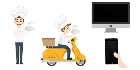 Illustration Food Delivery Chef Ride Motorcycle Service serve Cute character for Order food online , Fast and Free Transport food express , vector cartoon shopping online isolated on white backgroundのイラスト素材