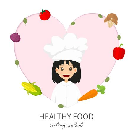 Illustration Chef girl cute character suggest healthy food . Vegetable minimal style isolated on white background , cartoon vector , raw materials for cooking , organic vegetable , copy space