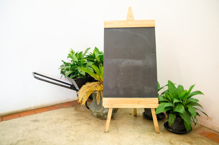blackboard menu in conner of cafe with plantの写真素材