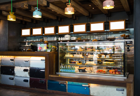 wooden coffee counter with refrigeratorの写真素材