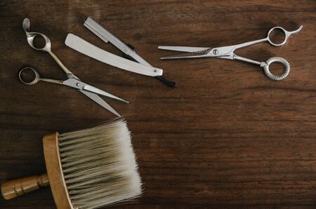barber tool on wooden tableの写真素材
