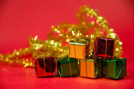 group of gift in christmas on red backgroundの写真素材