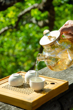male hand is holding teapot and pouring tea into teacup with tree backgroundの写真素材