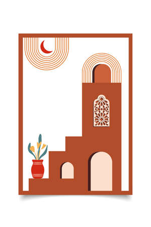 Minimalist arabic style. Moroccan scene. A Moroccan palace, doors, windows and traditional craftsmanship. Terracotta background. Vector illustration.のイラスト素材