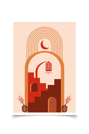 Minimalist arabic style. Moroccan scene. A Moroccan palace, doors, windows and traditional craftsmanship. Terracotta background. Vector illustration.のイラスト素材