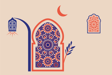 Abstract architecture posters simple geometric. Moroccan contemporary abstract geometric. Islamic arabian oriental style windows, doors, stairs and arches poster set mid century vector imageのイラスト素材