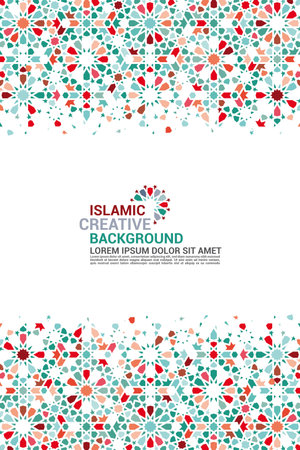 Islamic greeting card, banner background with ornamental colorful details of arabesque mosaic Islamic art ornament. Vector illustration.のイラスト素材